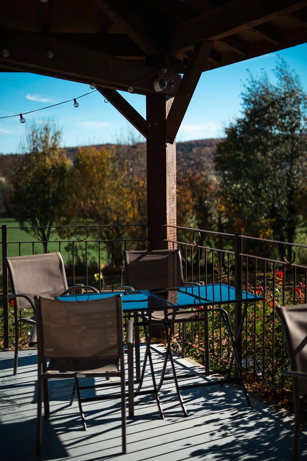 La terrasse couverte et ses guirlandes lumineuses en automne